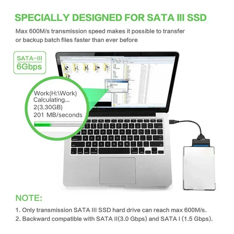 Cabo SATA para USB 3.0 / Tipo C para HDD/SSD externo de 2,5 polegadas, adaptador SATA 3 de 22 pinos, cabo USB 3.0 para SATA III com velocidade de até 6 Gbps