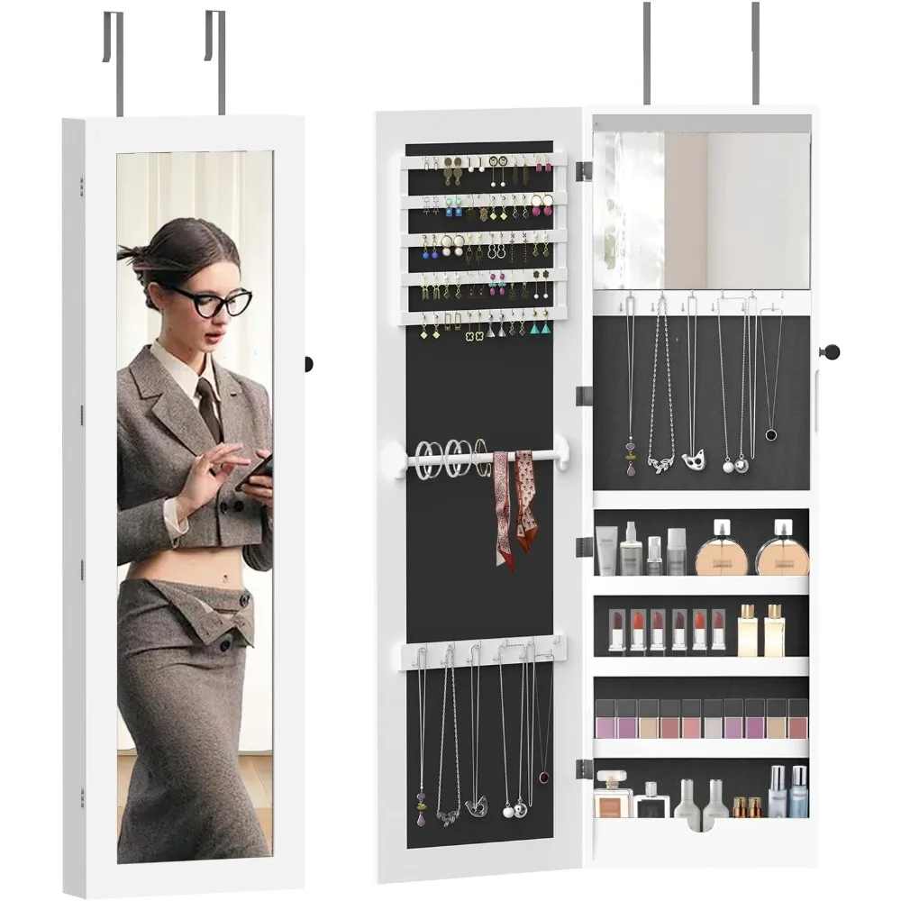 

8 LEDs Mirror Jewelry Cabinet, Large Jewelry Armoire Organizer, Wall or Door Mounted Lockable Jewelry Storage with Interior Mirr