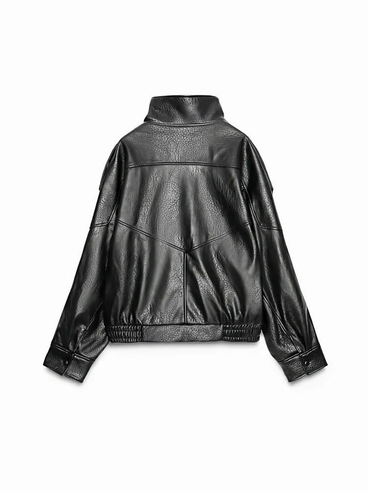 المرأة فضفاضة طويلة Sve السائق Jaet معطف جلد الخريف جديد Sle الوقوف طوق زر مزين فو الجلود السيدات ملابس خارجية