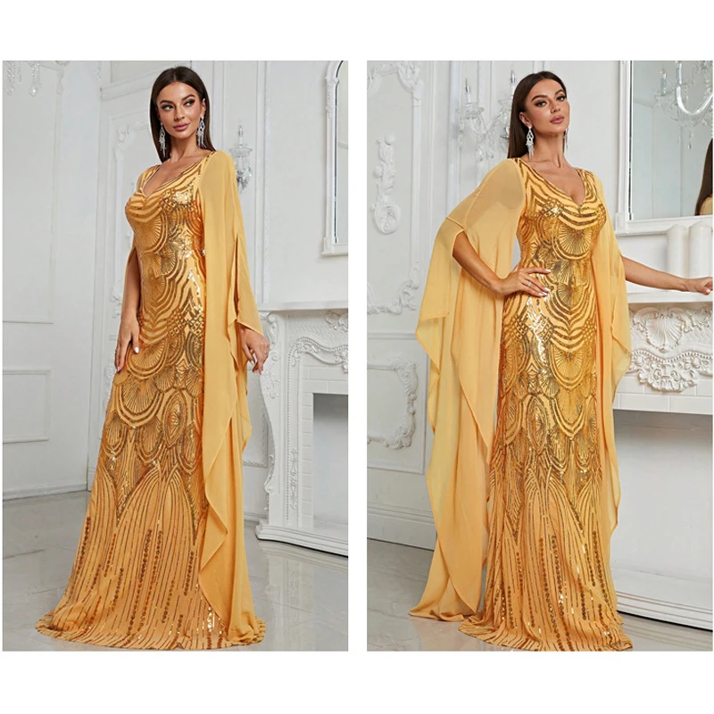 Złote sukienki damskie z długim rękawem w szpic z cekinami elegancka sukienka Maxi syrenka na bal koktajlowy wieczorowy