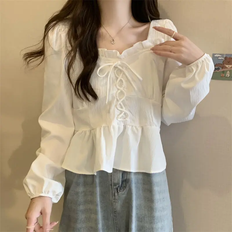 

Female Spring Summer Korean All-match fashionable Drawstring Solid color square collar Women shirts Appear thin Long sleeve tops