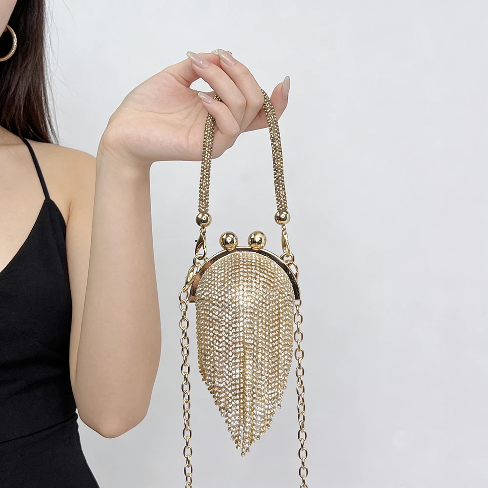 Luxury Gold/Sliver Round Handbag Sparkling Diamond Tassel Evening Bags Metal Chain Strap Crossbody Bag Women Party Clutch
