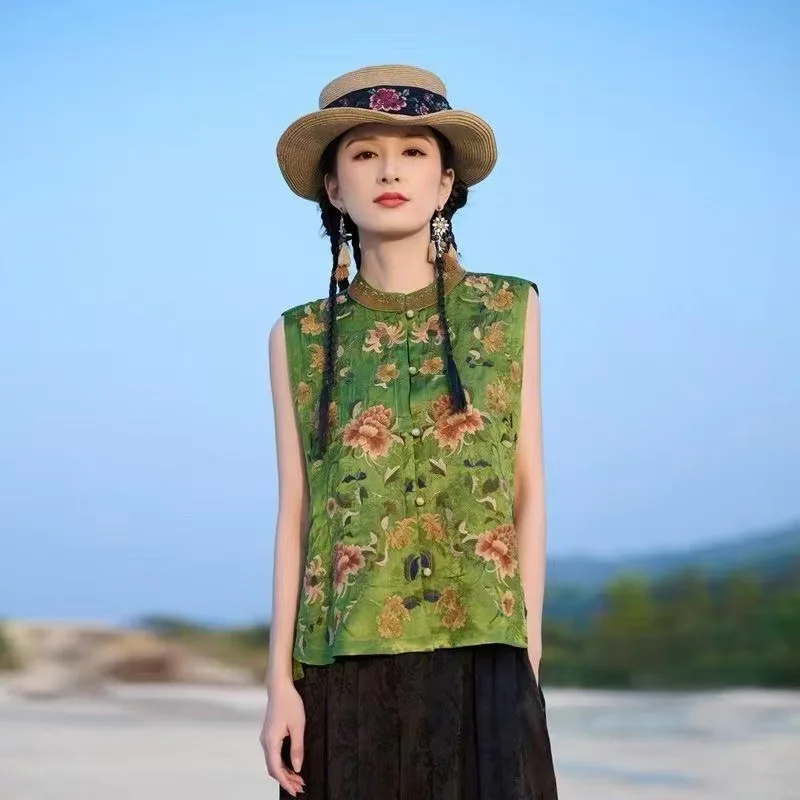2025 New Chinese Style National Ethnic Women's Machine Embroidery Retro Waistcoat Vest Top