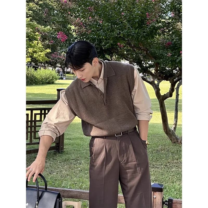 

Japanese Retro Brown Polo Collar Knitted Men's Autumn Light Mature Style Layered Vest Sweater Jacket