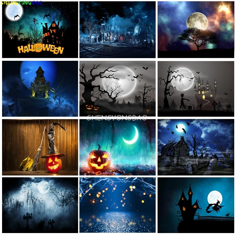 

Halloween Backdrop Pumpkin Lantern Castle Forest Moon Tombstone Baby Photography Background For Photo Studio Props 21802 WS-03