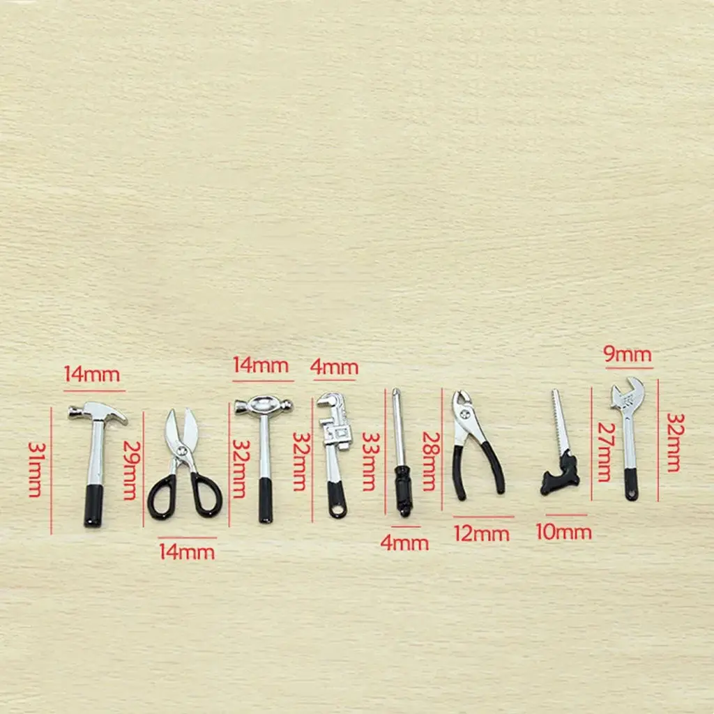 3picecNueva llegada 1:12 Mini juego de herramientas para casa de muñecas-Paquete de 8 herramientas de reparación (martillo/llave), accesorios de modelo de escena pequeña para decoración de casa de muñecas