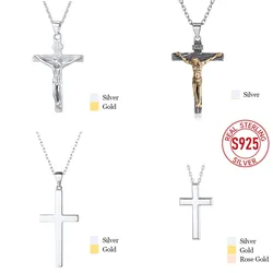 U7 925 Sterling Silver Cross Necklaces INRI Crucifix Jesus Size S/L Plain/CZ Cross Unisex Man Women Christian Jewelry Gift