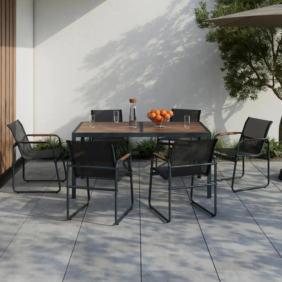 Outdoor dining set with stylish metal garden furniture featuring modern patio chairs and garden dining table