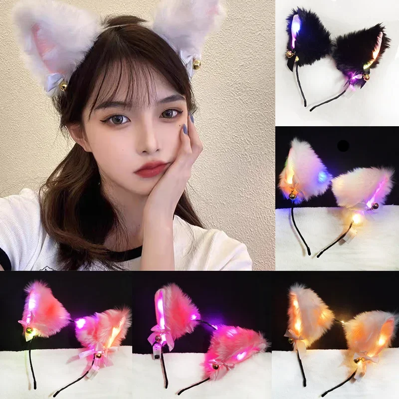 1pc Cute flash fox cat ears glow plush bell headdress bow hairband light up headband halloween decor  neon party