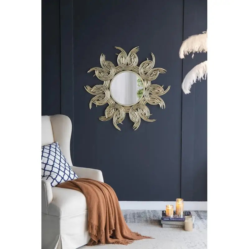 

38 Inch Sunburst Metal Mirror with Gold Finish, Boho Wall Decor for Living Room, Bathroom, Entryway