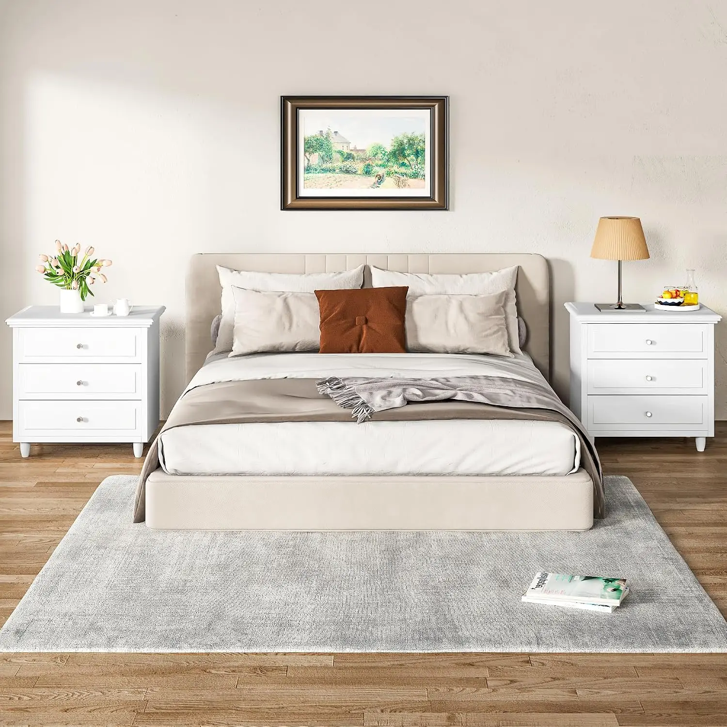 White Nightstand Set of 2, 3 Drawer Bedside End Table with Rattan Storage, 22 Inch Wide Boho Bedroom Side Furniture, Customized