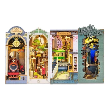 Robotime rolife livro nook diy casa de bonecas móveis 4 tipos booknook bookends modelo kit com luz led para estante inserção decoração