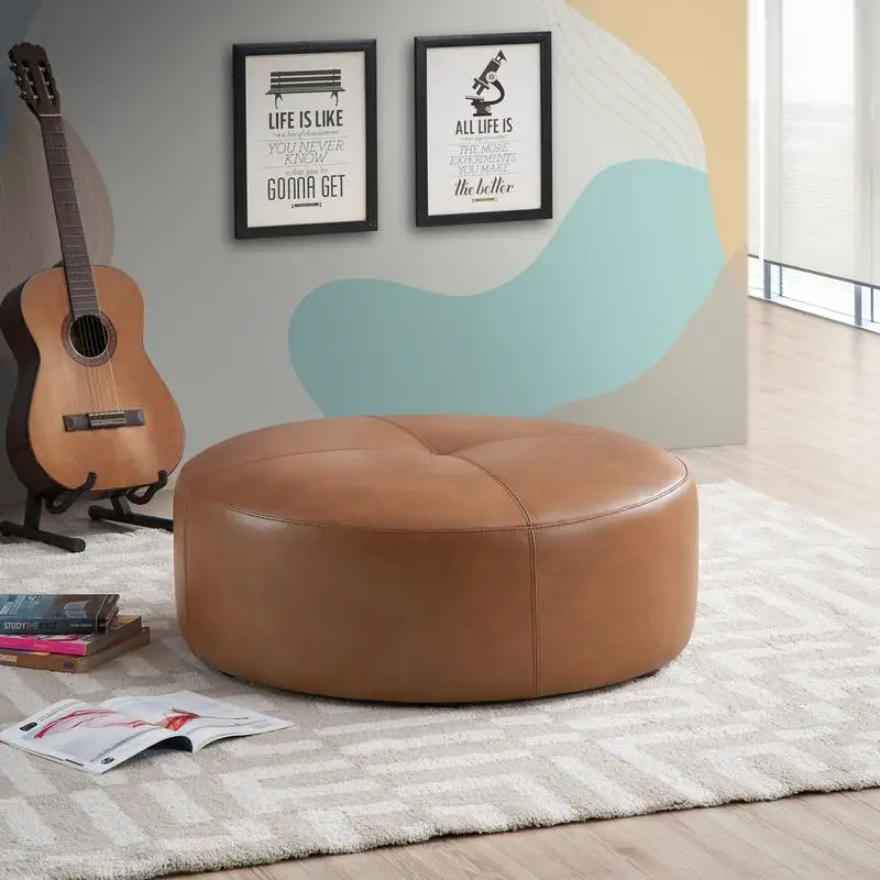 

Tan Leather Ottoman 36 Inch Floor Footrest Cushion - Stylish and Versatile Living Room Add-on for Comfort and Relaxation