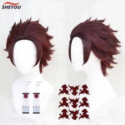 High Quality Yaiba Tanjiro Kamado Cosplay Wig Anime Short Chestnut Brown Heat Resistant Hair Cosplay Costume Wig + Wig Cap