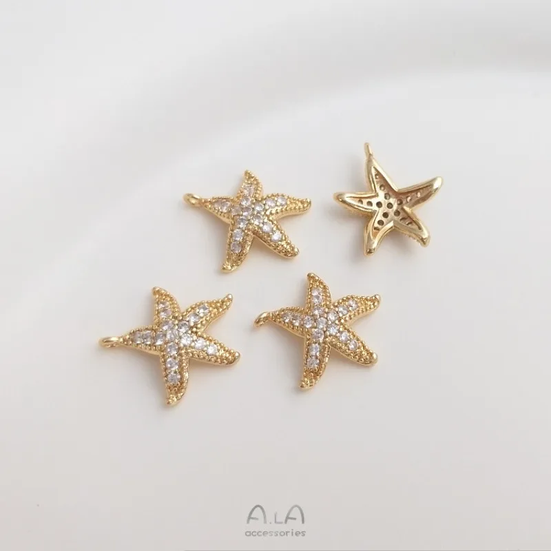 14K Gold Tone Micro-inlaid Zircon Starfish Pendant DIY Chubby Star Necklace Clavicle Chain Bracelet Charm