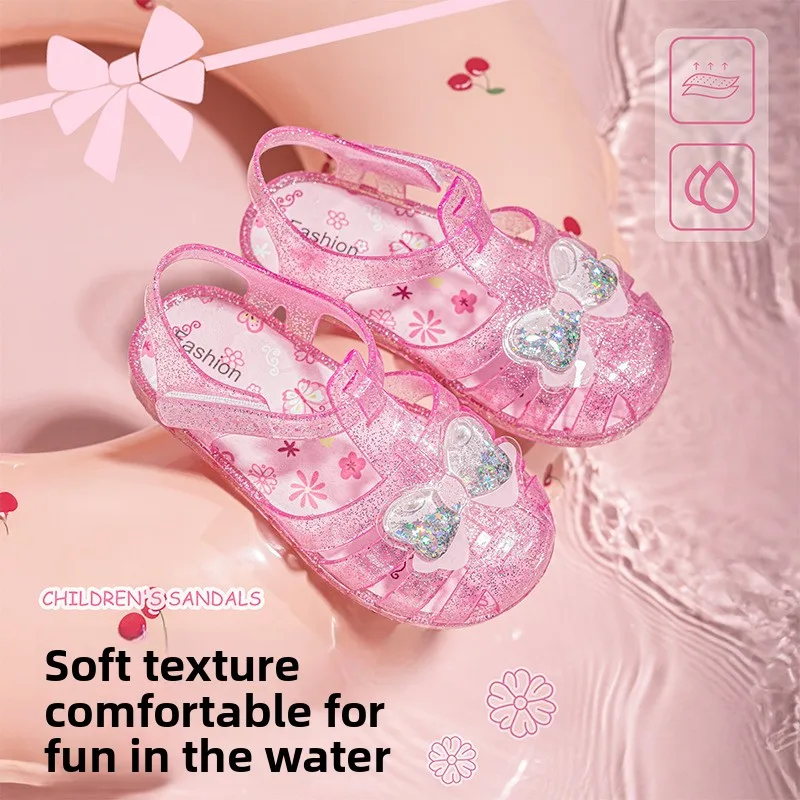2026 New Summer Children Jelly Princess Bow Sandals Sweet Heart Shaped Girls Toddlers Baby Breathable Hollow Shoes