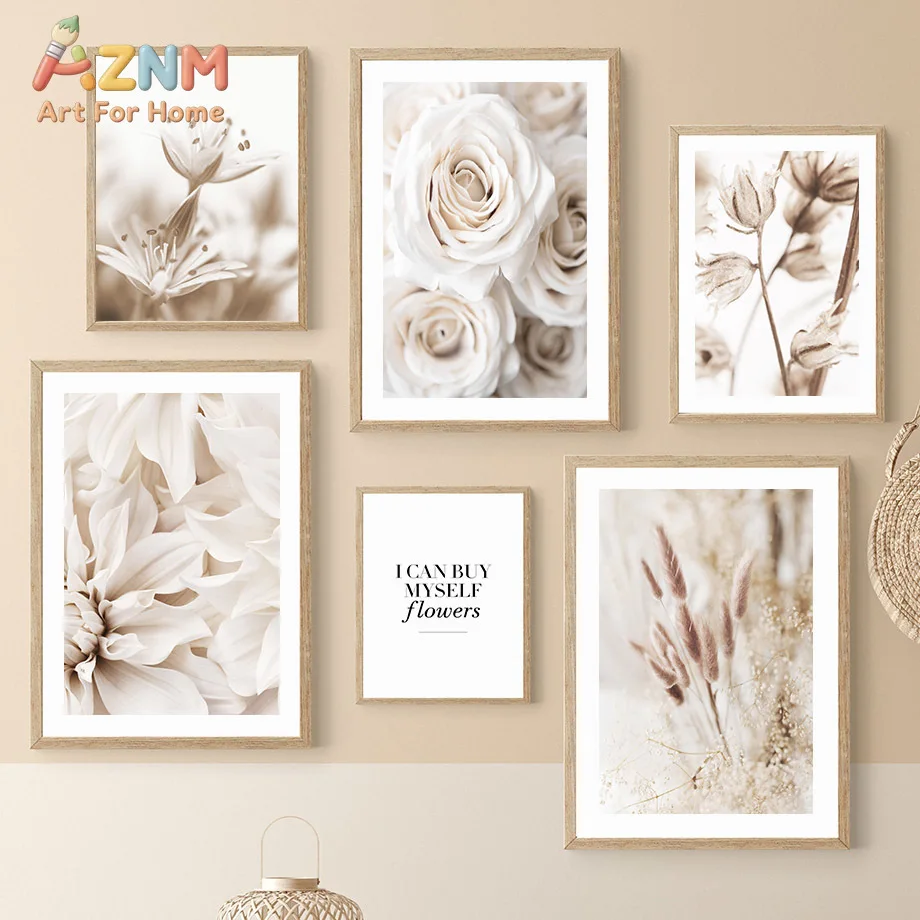 AZNM Neutral Beige Boho Floral Canvas Wall Art Rose Dahlia Dried Grass Inspirational Quote Unframed Canvas Print Home Living Roo