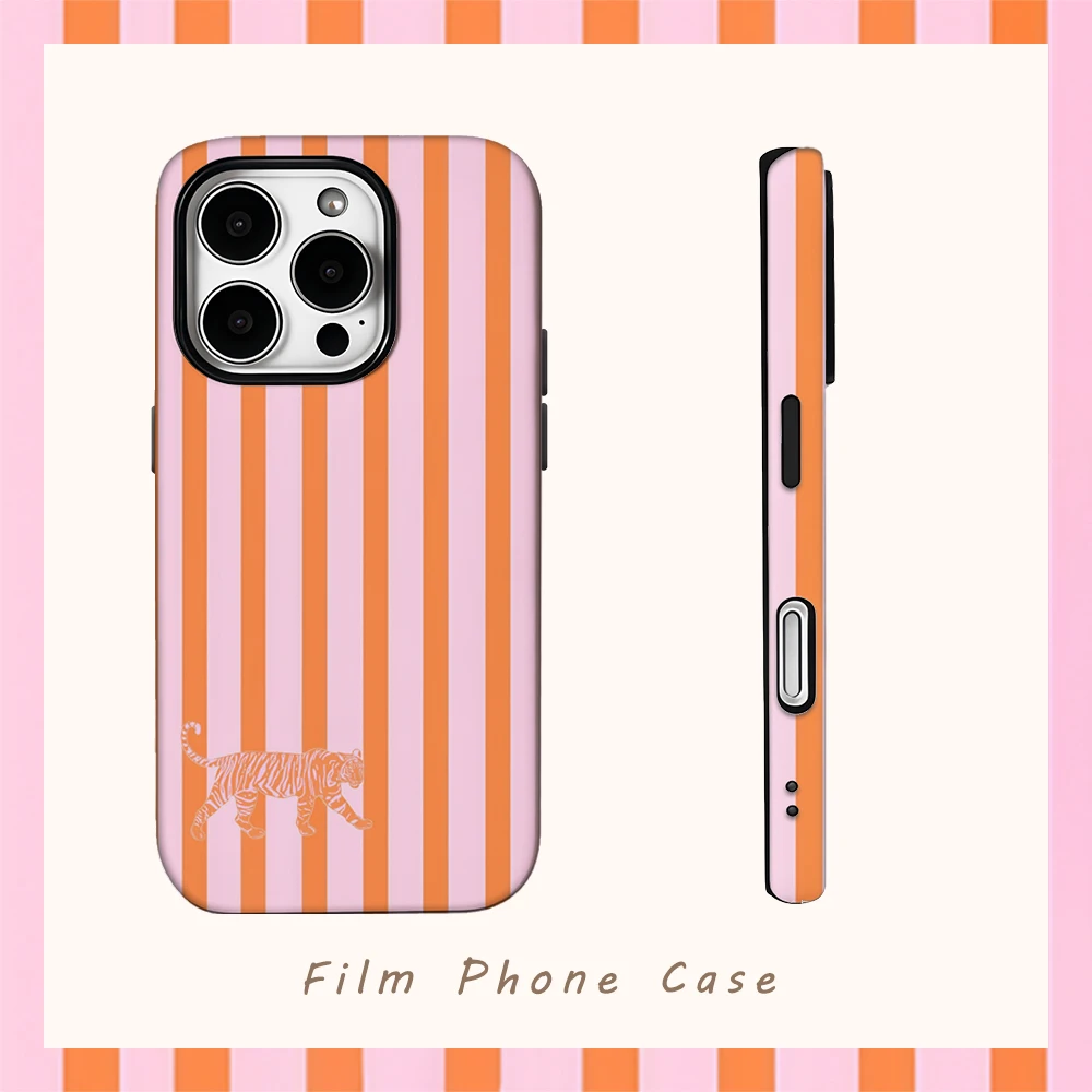 Rosa-Orange Gestreifter Tiger-Print Doppelschichtige Rückabdeckung für iPhone 18/17/16/15/14/13/12/11/X/XS/XR/XMax/7/8/Pro/Max/Plus