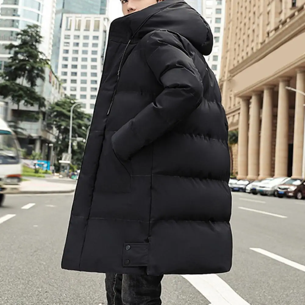 Hooded Zipper Placket Coat Cotton Coat Men's Hooded Cotton Puffer Coat with Drawstring Long Sleeve Mid-length Down Jacket Solid