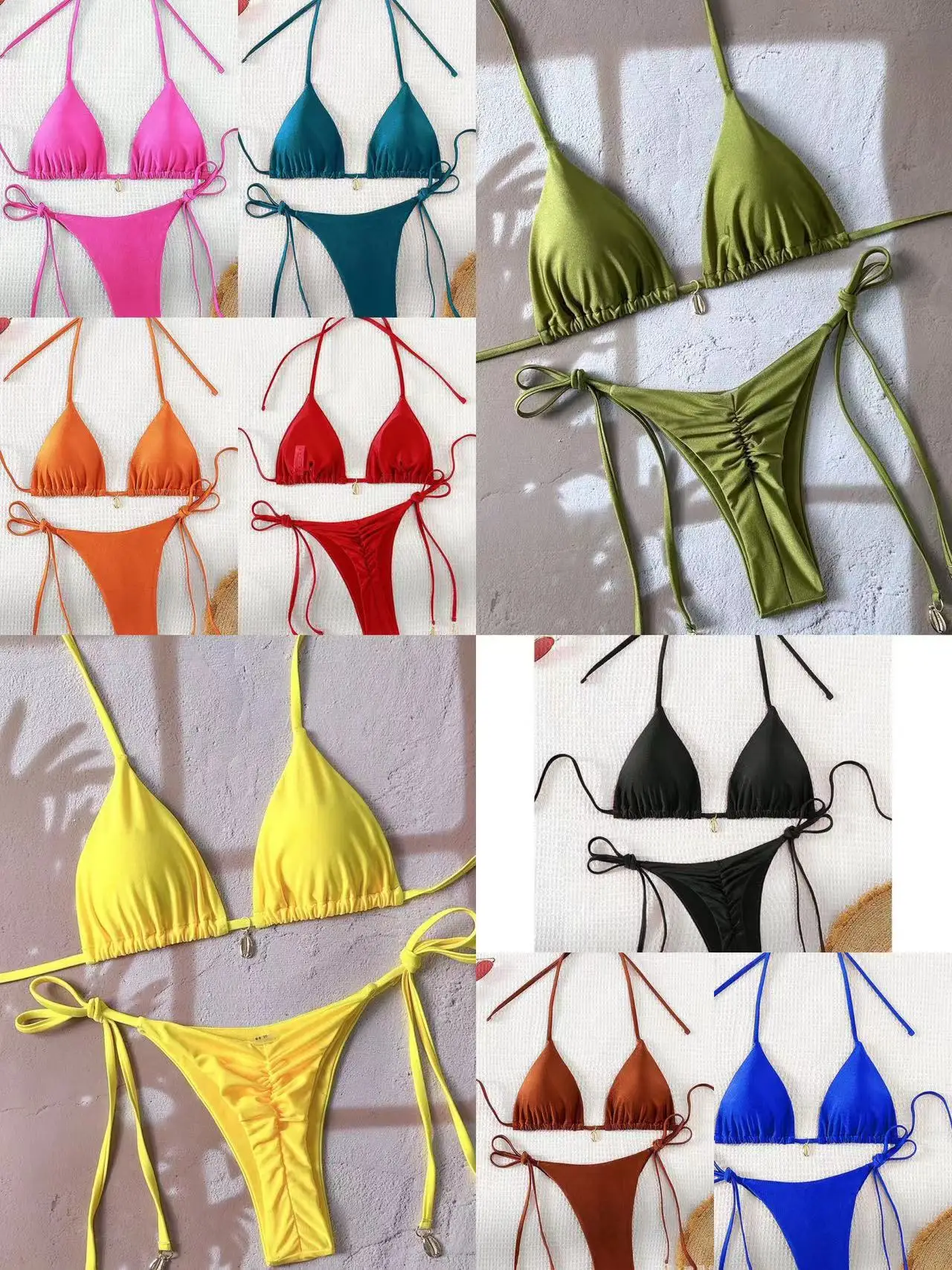 

Сексуальный однотонный комплект бикини с бретельками, металлическими вставками и треугольным дизайном, двухсекционный купальник из полиэстера и нейлона.