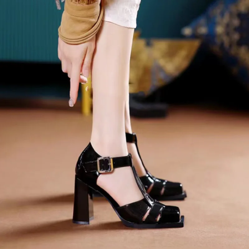 Mary Janes Women Shoes Square Toe Hollow Out Heels Pumps Woman Thick Heel Patent Leather High Heels Sandals Women 2023 Summer