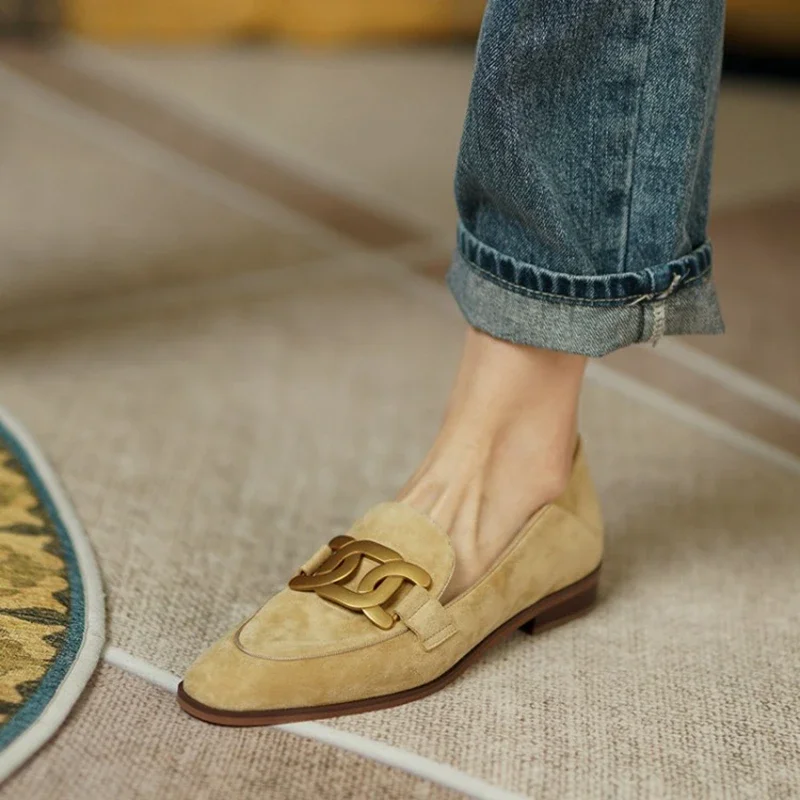 2024 New Spring Women Shoes Camel Buckle Casual Kid Suede Women Loafers Solid Low Heel Pumps Shoes for Women Moccasin Shoes