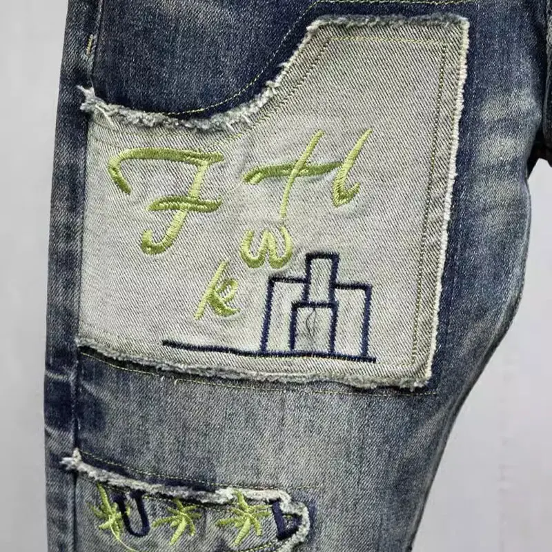 Streetwear Fashion Men Jeans Retro Washed Blue Stretch Slim Fit Embroidery Ripped Jeans Men Patched Designer Hip Hop Denim Pants
