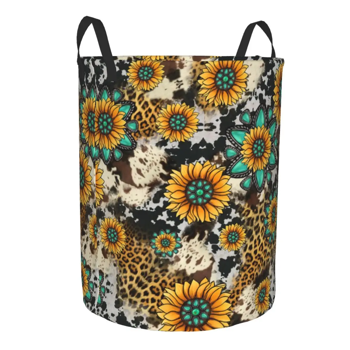 Custom Sunflower Turquoise Cow Print Laundry Hamper Large Storage Basket Girls Boys Toy Organizer