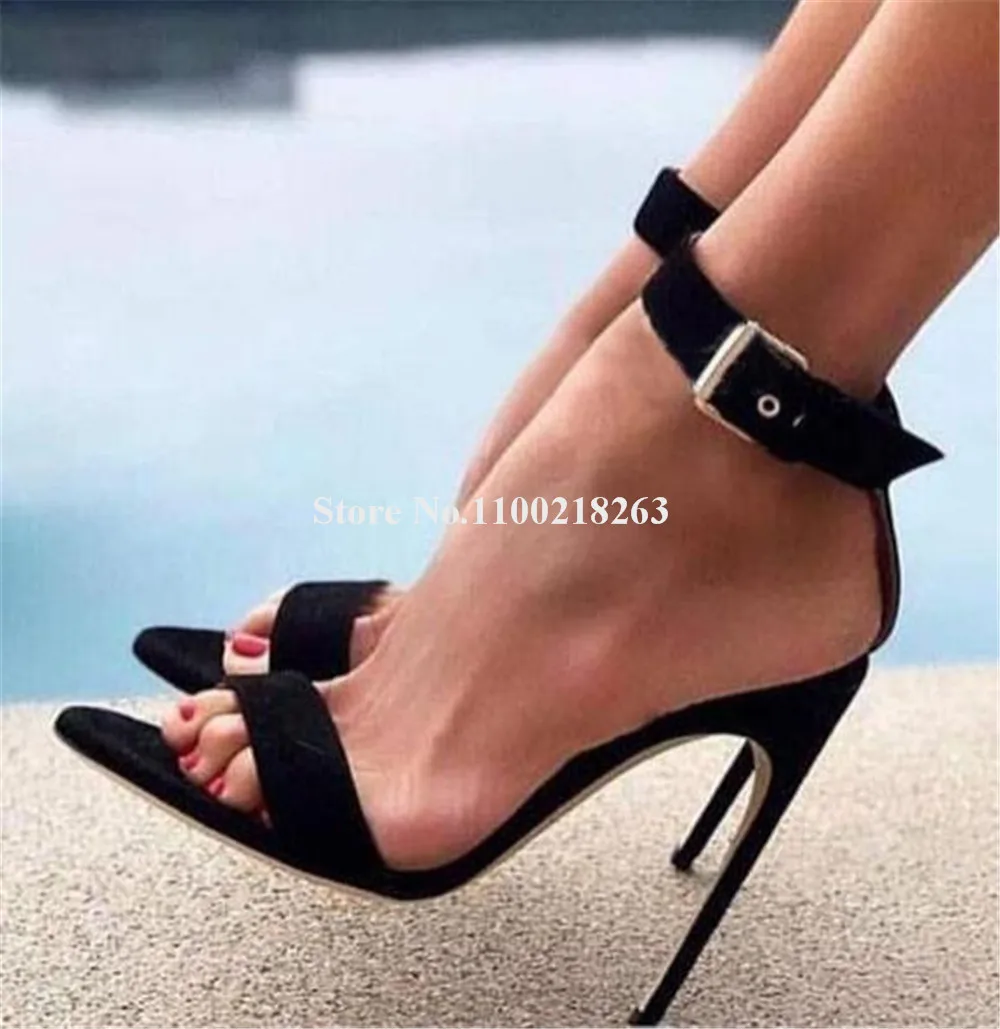 Black Suede Sandals Women Sexy Pointed Open Toe One Strap Stiletto Heel Ankle Strap Dress Shoes Party High Heel Sandals Big Size