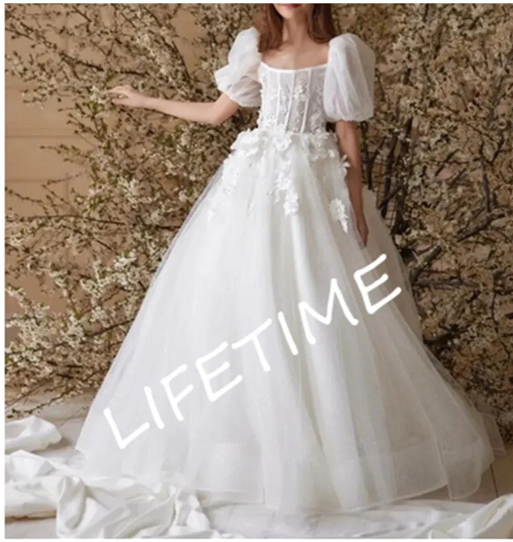 

Glitter Tulle Princess Flower Girl Dress Lace Appliques Square Neck Short Sleeves Kids First Communion Dress Party Prom Gown