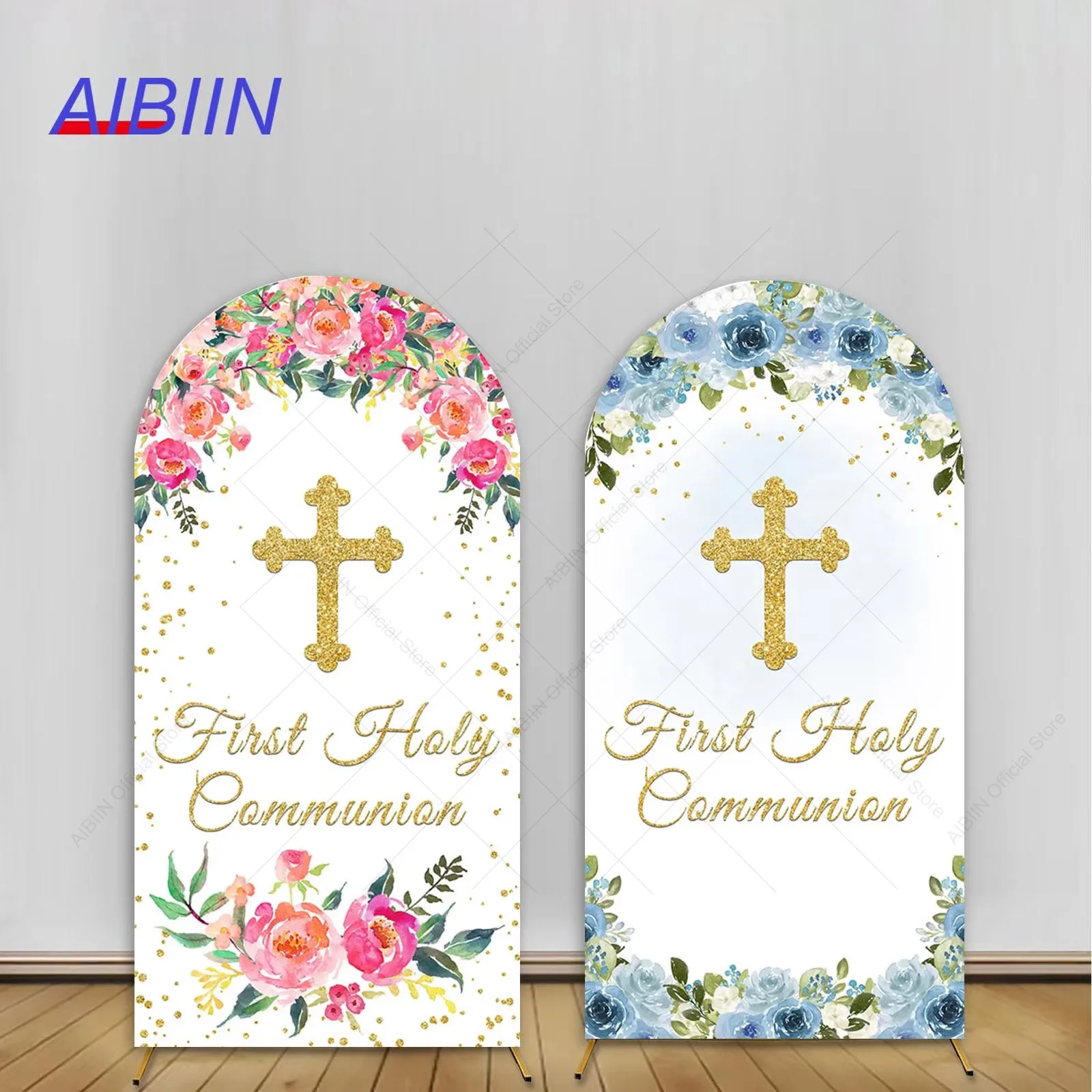 

AIBIIN First Holy Communion Arch Backdrop Cover Gold Cross Baptism Boy or Girl Blue or Red Floral Party Decor Background