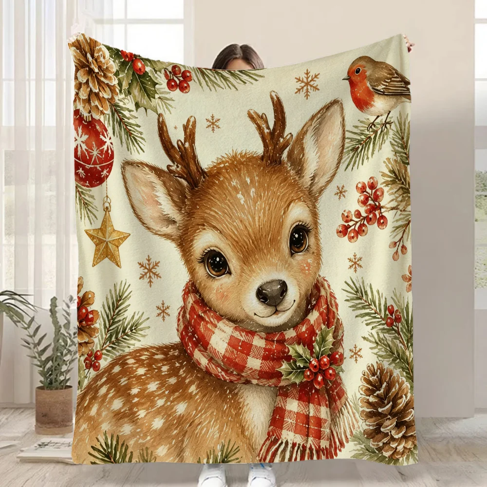 1pc Fluffy Throw Blanket, 2D Flat Christmas Fawn Scarf Pine Cone Robin Bird Print, Warm Blanket for Sofa Bedroom