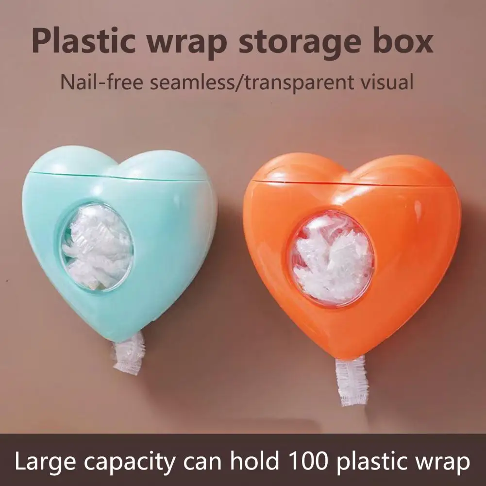 

Plastic Wrap Dispenser Wall-Mounted Dustproof Decor Punch Free Heart-Shaped Plastic Wrap Storage Box Container Kitchen Supplies