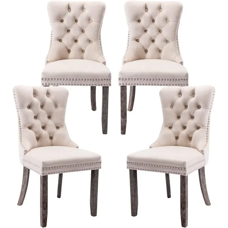 Chairs Set of 4, Wingback Dining Room Chairs with Ring Pull Trim and Button Back, Luxury Tufted Dining Chair for Living Room