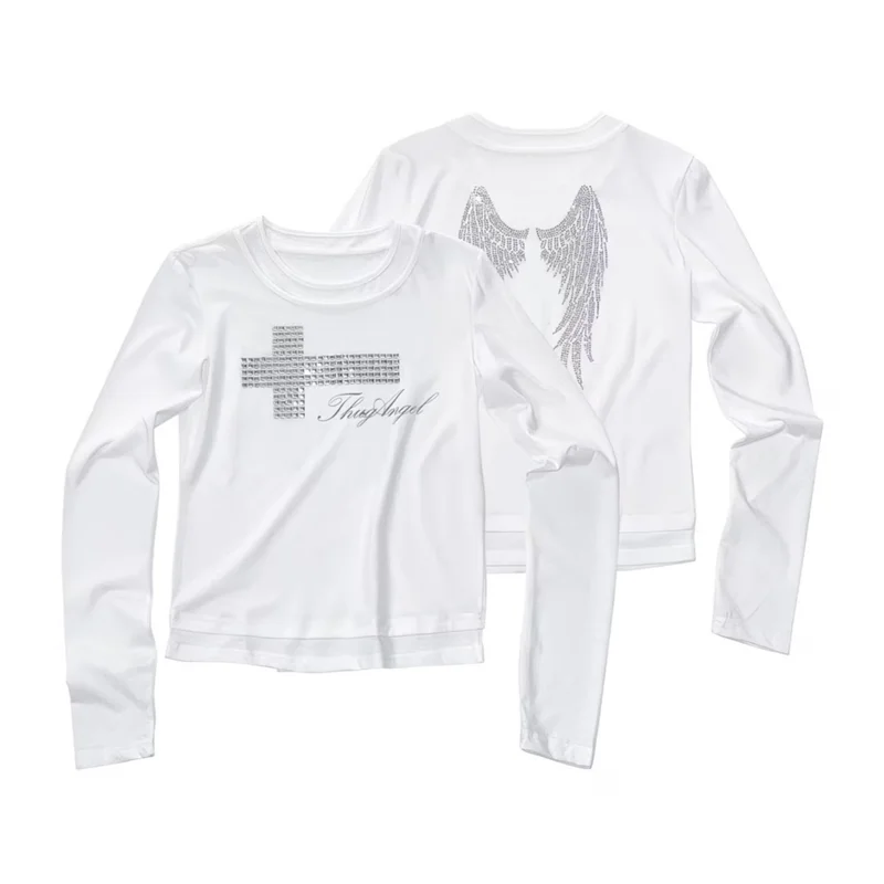 Women's Long Sleeve T Shirt Stud Cross Rhinestone Angel Wings Graphic Slim Fit Y2K Goth Streetwear Vintage Party Fashion Top