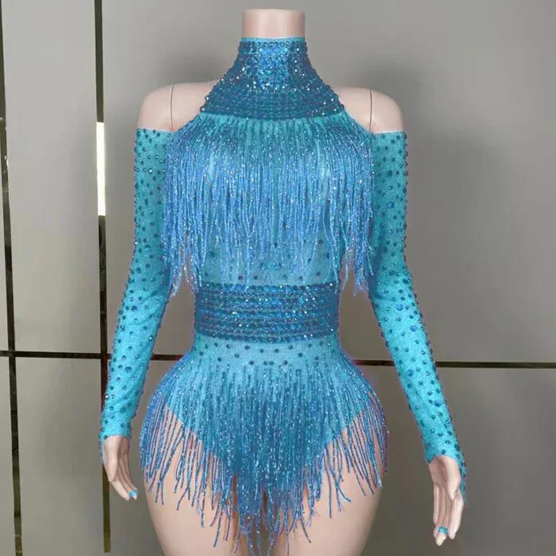 Drag Queen Costumes Red Rhinestones Fringed Bodysuit Women Gogo Dance Rave Outfit Dj Ds Stage Jazz Clothes Clubwear