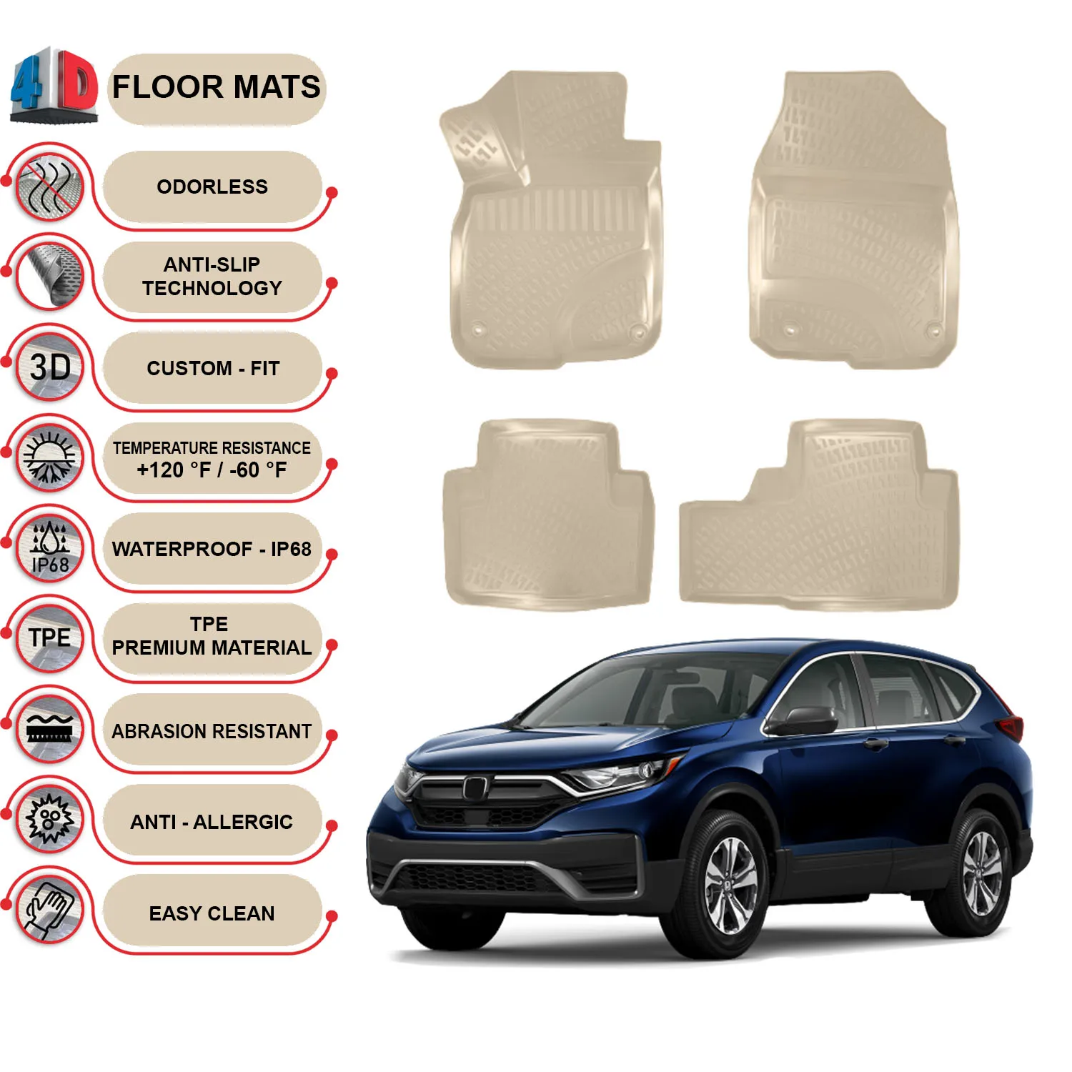 Honda CR-V Gasoline - (2018-2022) Floor Mats Liner Waterproof 3D - (Beige)