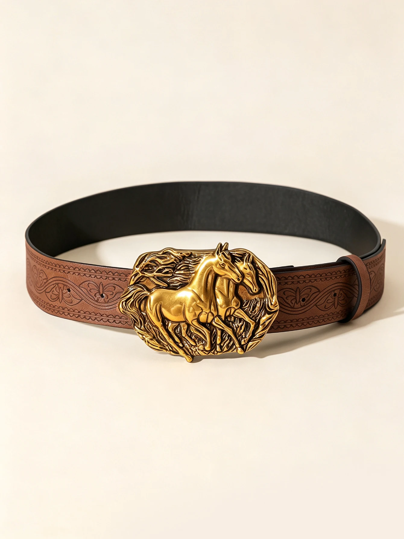 Vintage Western Cowboy Belt, 3D Double‑Horse Relief Plate Buckle, Retro Embossed PU Leather Decorative Waist Belt for Men Women