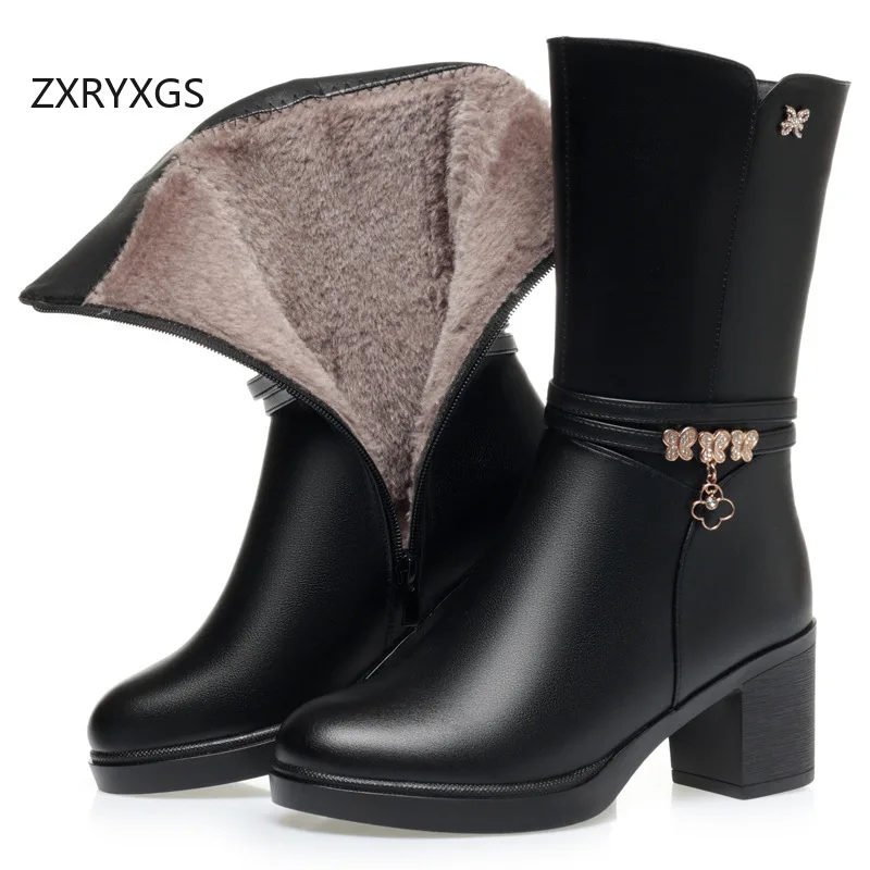 ZXRYXGS Large Size 43 Elegant Rhinestone Genuine Leather in-tube Black Boots Fashionable Shoes Woman New 2024 Winter Snow Boots