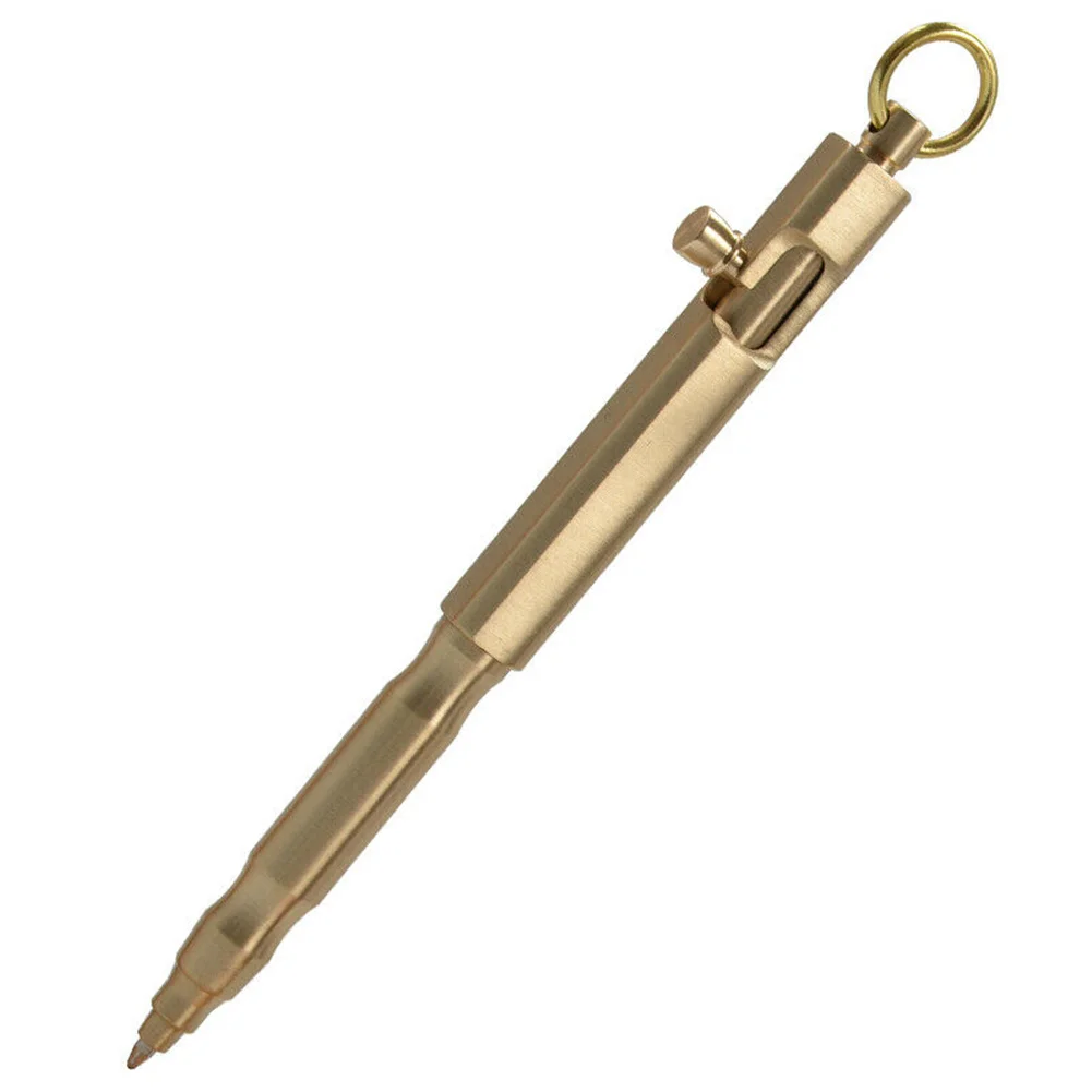 Portable Solid Brass Bolt  Action Pen With Ring Square Shape Retro Style Pocket Business Signature Pen Decent Gifts For Friends