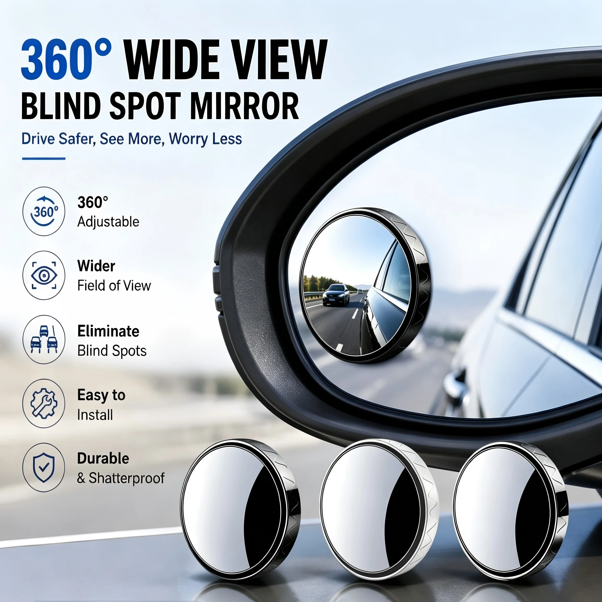2PCS Car Rearview Mirror 360 Degree Rotation Wide-Angle Round Frame Mirrors With Suction Cup Car Accessories Silver,Black &White