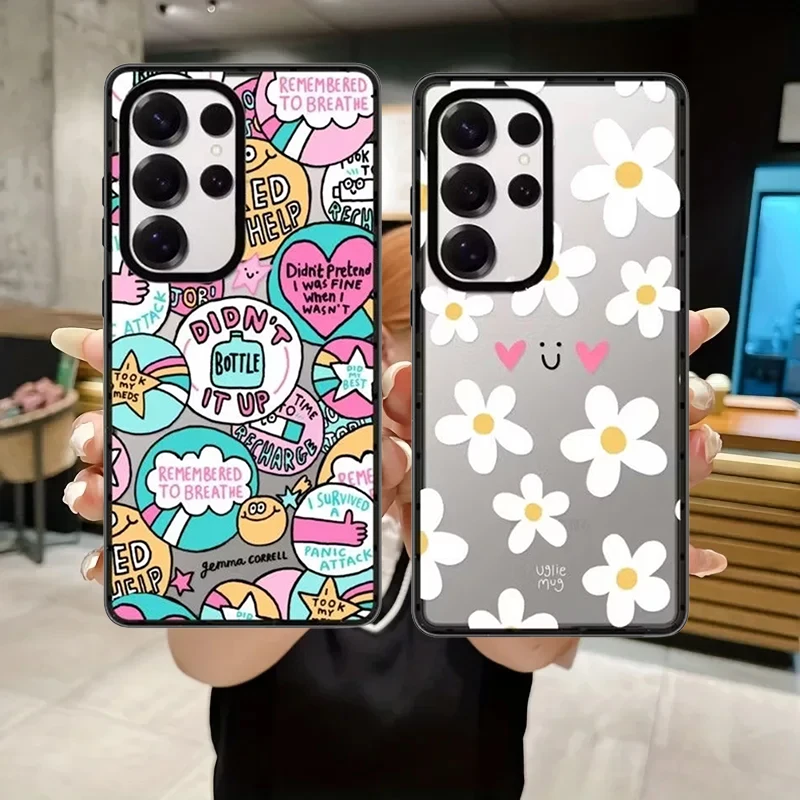 Flower Sticker Cartoon Acrylic Black Border Case for Samsung Galaxy S26 S25 S24 S23 Ultra S26U S24+ S25+ S26 Plus Case