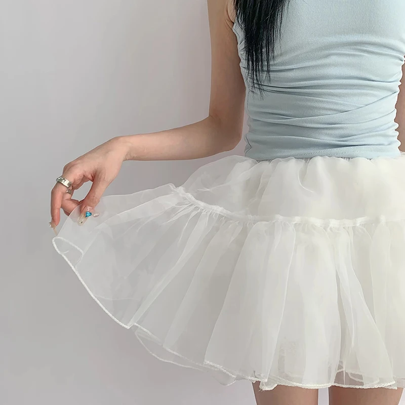 REDDACHiC Balletcore Tiered Organza Women Petticoat Mini Skirt White Solid Elastic Waist Puffy Underskirt Lolita Cosplay Costume