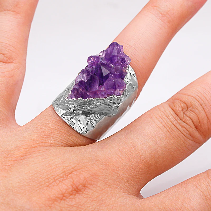 Irregular Rough Stone Amethyst Open Ring for Women Purple Crystal Cluster Gemstones Finger Jewelry