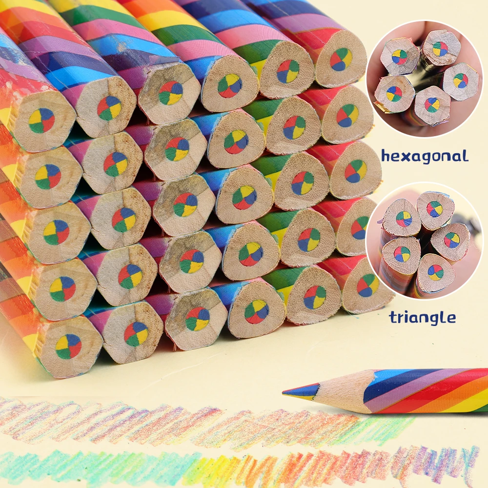 Crayon de couleurs arc-en-ciel en bois pour enfants, école, Graffiti, dessin, peinture, crayons de couleur, stylos d'écriture hexagonaux triangulaires en bois