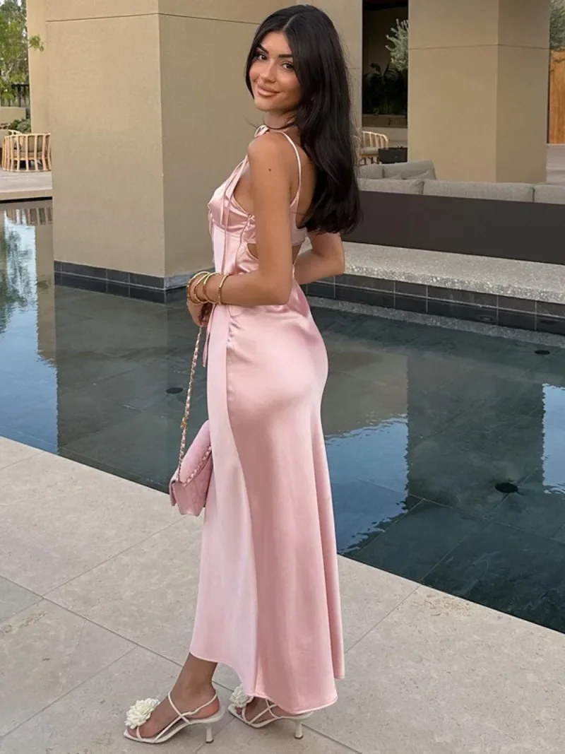 Abbigliamento donna scollo a v Lace-up Backless Pink Holiday Dress elegante fasciatura scava fuori abiti da sera lunghi solidi Streetwear