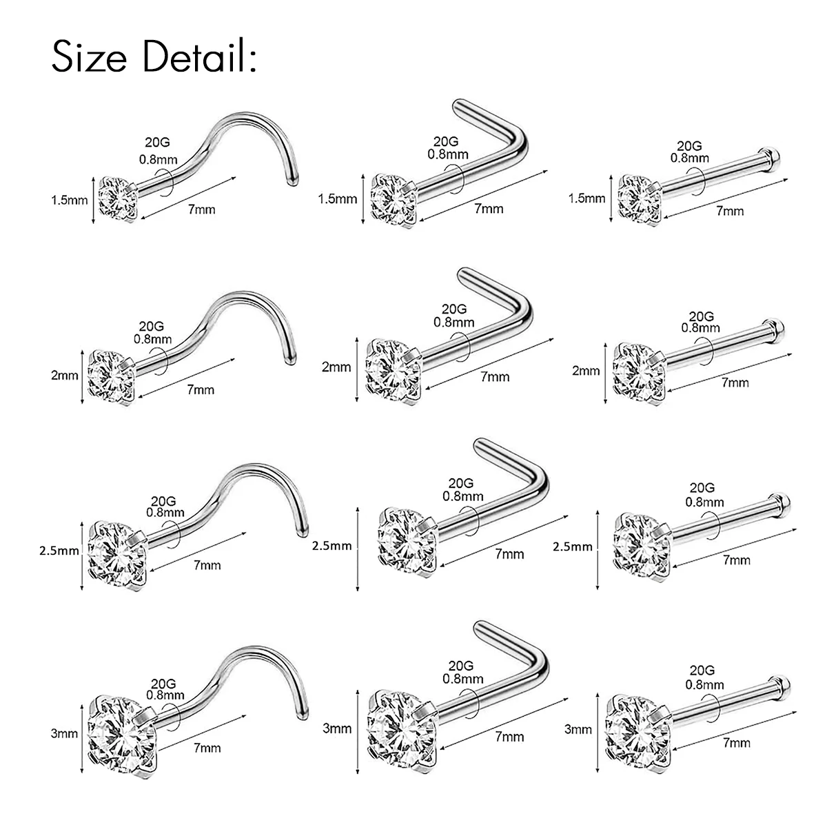5Pcs CZ Crystal Stainless Steel Nose Studs Piercing Rings Jewelry Bone Shape Nostril Piercings Round Gem for Women 20guage 0.8mm