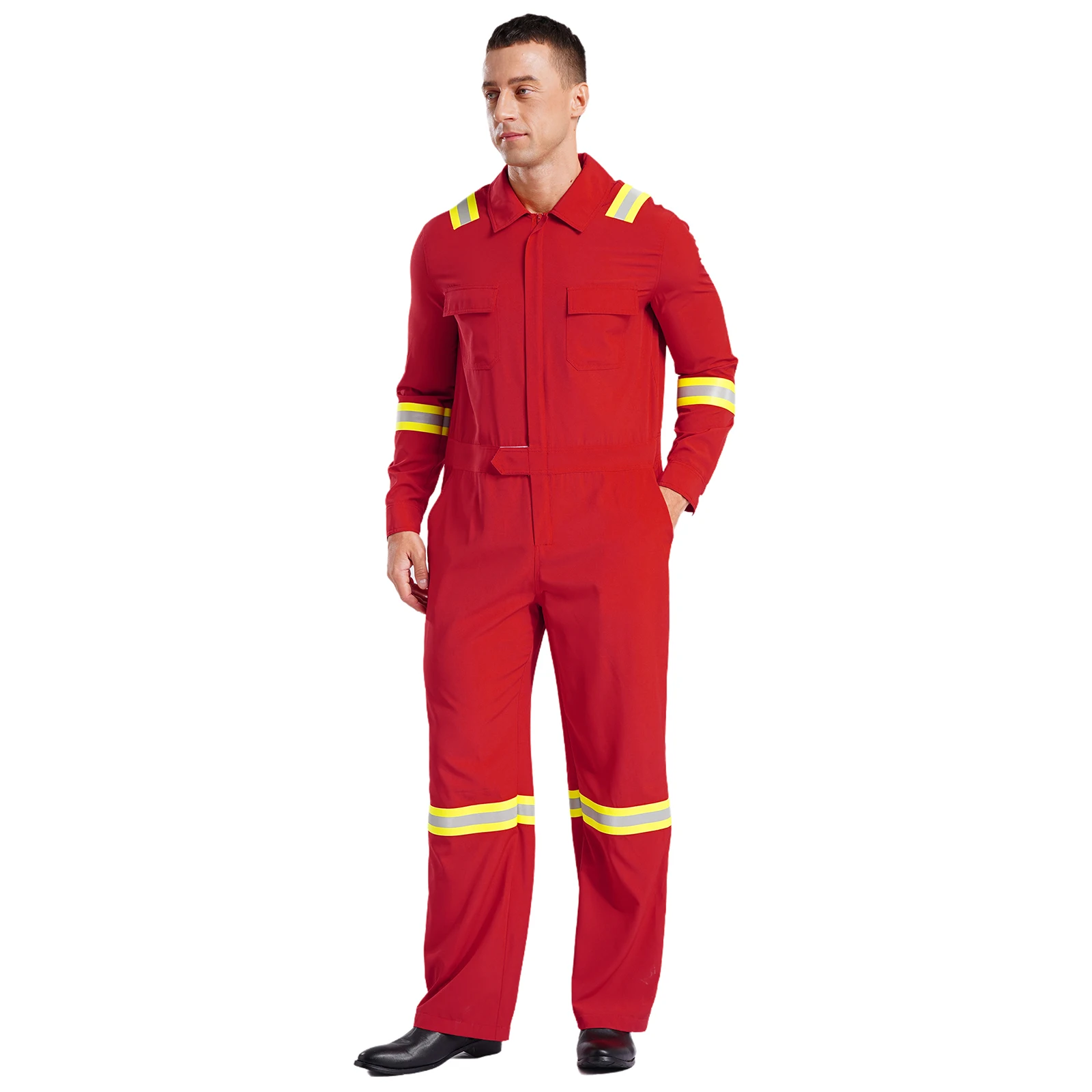 บุรุษทํางาน Coveralls Jumpsuit พร้อมกระเป๋าโดยรวม Workshop ชุด Turn-Down COLLAR ซิปแถบสะท้อนแสง Coveralls กางเกง