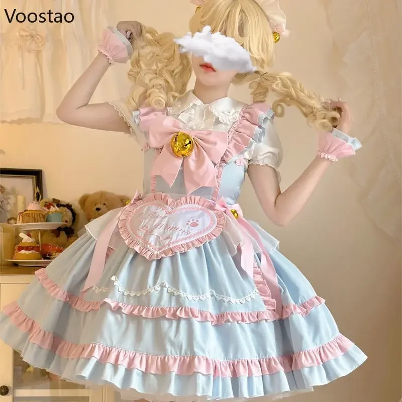 Japanese Style Sweet Lolita Princess Dress Women Cute Bow Small Bell Love Hearts Embroidery Apron Party Dress Girls Gothic Dress