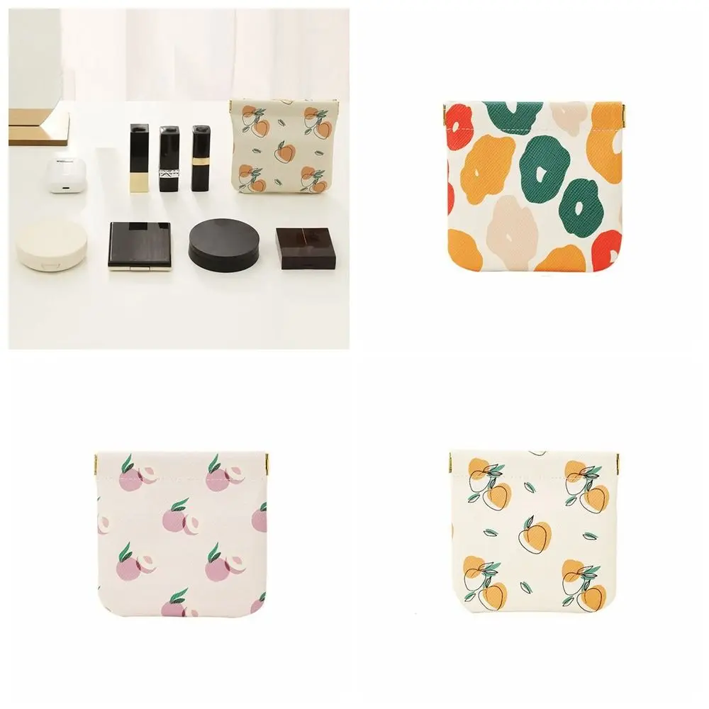 

Print Mini Cosmetic Bag Simple Flower Self-closing Lipstick Storage Bag Pu Leather Automatic Closed Coin Purse Earphone Bag